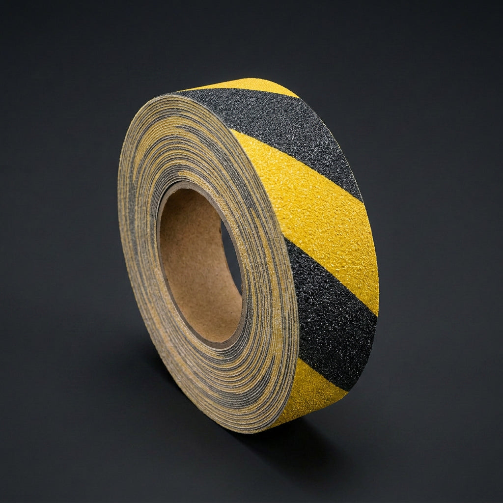 Breites schwarz-gelbes Antirutschband MA-WT-5411, 75mm, R13, hochsichtbare Sicherheitsmarkierung für Industrie.
