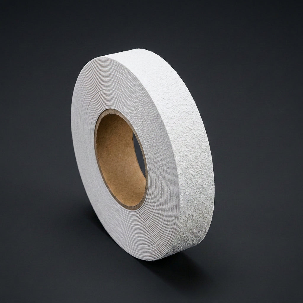 Weißes Antirutschband MA-WT-5411, 25mm, R13 zertifiziert, für dezente Sicherheitsmarkierungen.